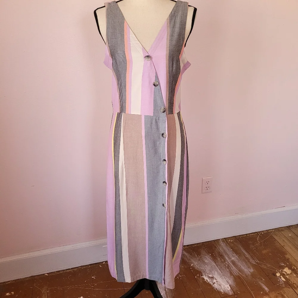 Patrons of Peace Striped Pink, Gray, Tan & Cream Sleeveless Midi Dress NEW Sz M - Picture 2 of 10